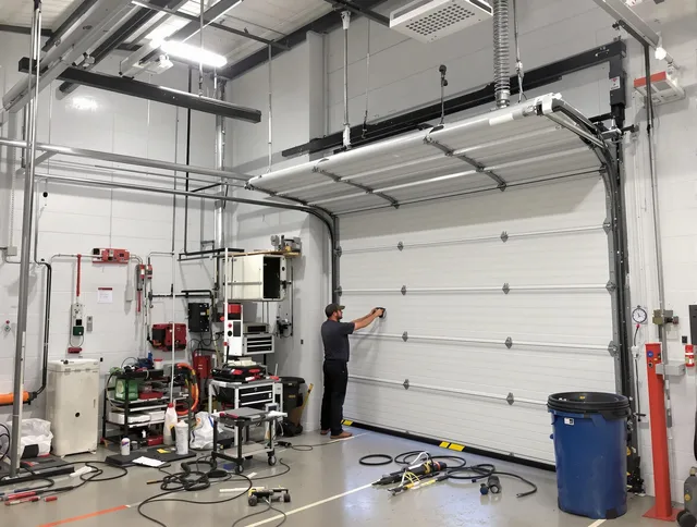 Charlotte Garage Door Repair certified technician performing commercial door repair at a Charlotte business facility
