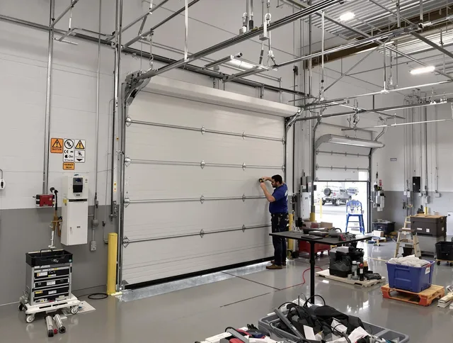 Commercial garage door repair being performed by Charlotte Garage Door Repair expert in Charlotte