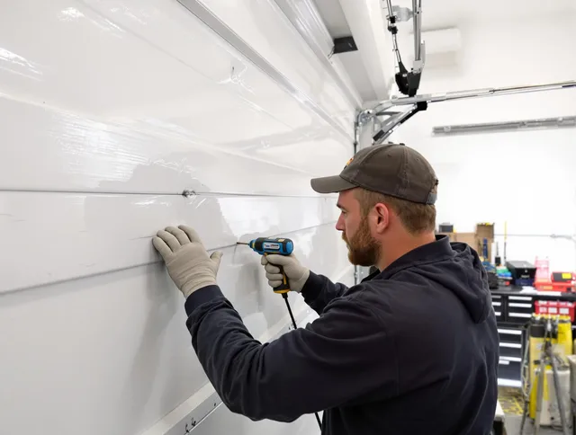 Charlotte Garage Door Repair technician demonstrating precision dent removal techniques on a Charlotte garage door