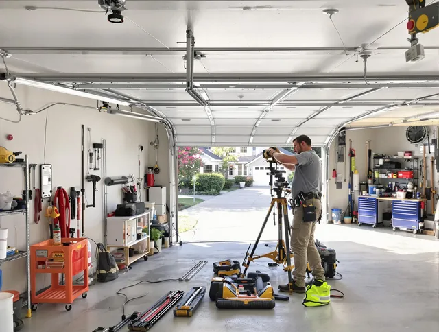 Charlotte Garage Door Repair specialist performing laser-guided track alignment in Charlotte